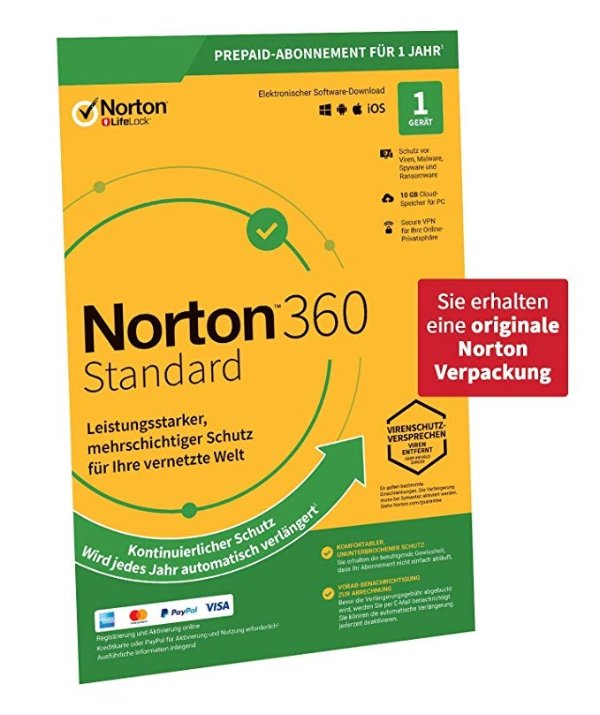 Norton 360 Standard 2020, 1-Gerat, 1-Jahres-Abonnement mit Automatischer Verlangerung, Secure V辟恩 und Passwort-Manager, PC/Mac/Android/iOS, FFP, Download