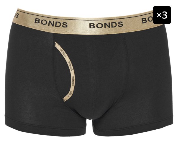 3 x Bonds Men's Guyfront Trunks - Black/Gold