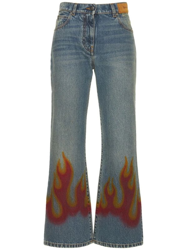 火焰印花棉质直筒牛仔裤
