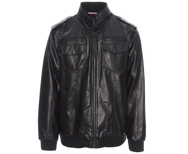 Men's Leather Look Water Resistant Military Bomber Jacket - Black