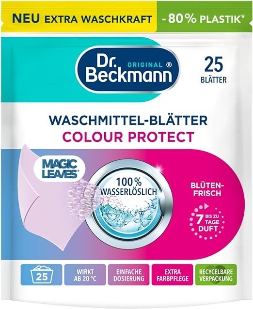 Dr. Beckmann Magic Leaves Colour Detergent Sheets, Practical and Pre-Dosed Wash Sheets, Easy to Carry, Storage and Use, 25 Sheets