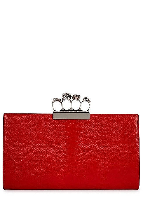 Red lizard-effect leather clutch