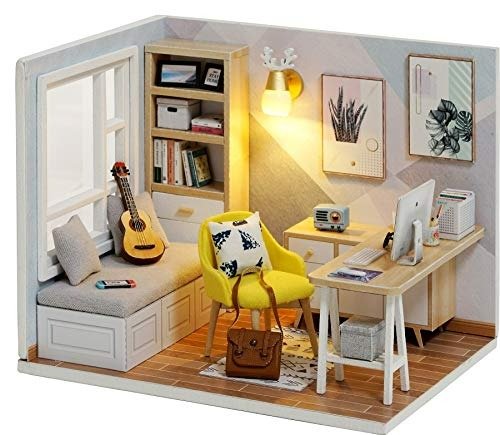 DIY Miniature Dollhouse Kit with Furniture,Wooden Doll House Plus LED Lights Dust Cover, DIY House Kit (Study Room)