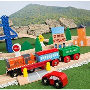 Orbrium Toys豪华木制火车轨道积木拼装玩具 52件套