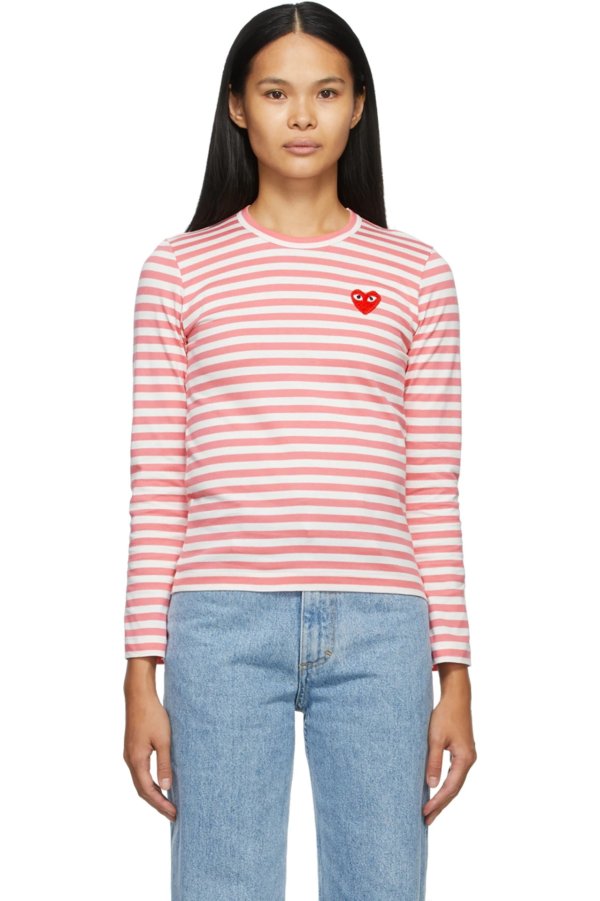 Pink & White Striped Heart Patch Long Sleeve T-Shirt 长袖T 180.00