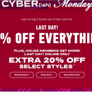 Cyber Monday：Hollister官网升级！麻花毛衣、羊羔绒外套、牛仔裤