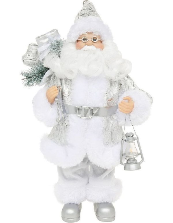 Product: Luxe 30cm White and Silver Fabric Standing Santa Holding LanternLuxe 30cm White and Silver Fabric Standing Santa Holding Lantern