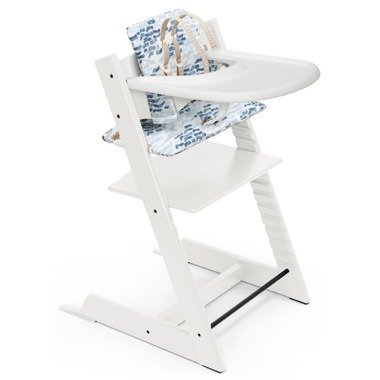 Tripp Trapp 高脚椅白色带波浪蓝色坐垫和托盘