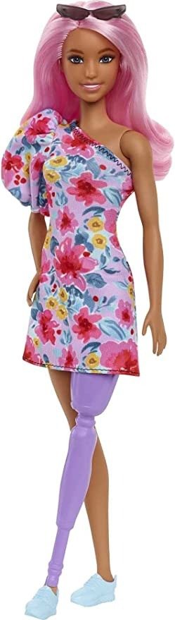 时尚达人娃娃 #189 带假腿、粉红色头发、花卉连衣裙、运动鞋和太阳镜配件
