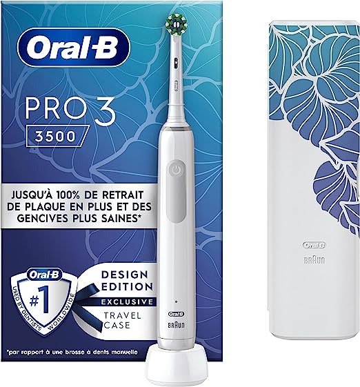 PRO 3 3500 电动牙刷，具有 3 种清洁模式和视觉 360° 压力控制，用于牙科护理、花卉旅行盒、礼物男士/女士，由 Braun 设计，白色