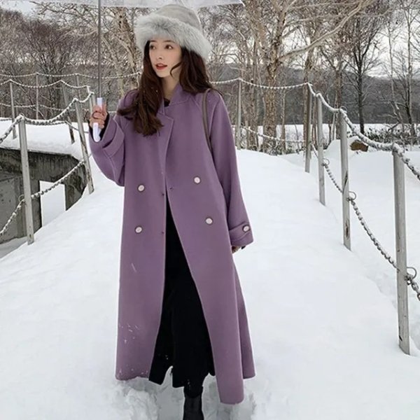 羊毛长款大衣 紫色