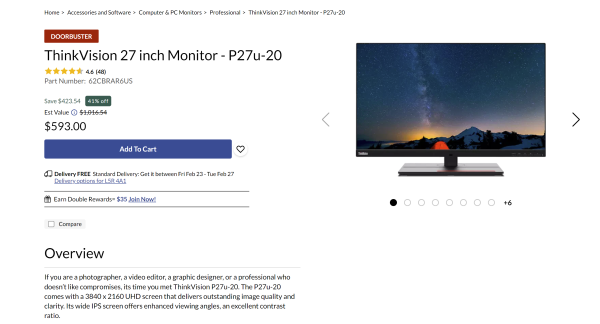 Lenovo ThinkVision P27u-20 27" 4K 99% DCI-P3 色域显示器