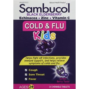 史低价：Sambucol  24 粒 2岁+儿童缓解感冒流感咀嚼片 蓝盒浆果味
