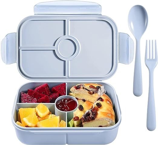Bento Box 儿童午餐盒，适合儿童，带 4 个隔层 儿童便当午餐盒，可微波炉加热（含餐具，浅蓝色）
