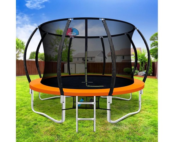 10FT Trampoline Round Trampolines With Basketball Hoop Kids Present Gift Enclosure Safety Net Pad Outdoor Orange