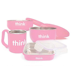 Thinkbaby 双层不锈钢儿童餐具4件套粉色