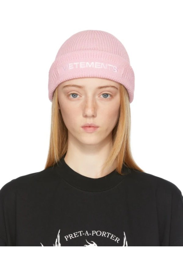 Pink Merino Wool Logo 毛线帽