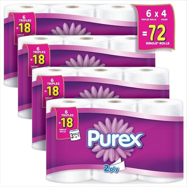 Purex 卫生纸，低过敏性和化粪池安全，4 包 6 个三卷 = 72 个单卷