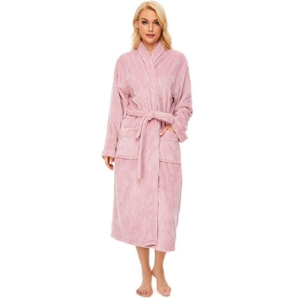 女士抓绒浴袍披肩领柔软保暖长毛绒浴袍带口袋粉红色
