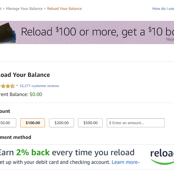 $100 amazon gift card reload 冲$100送$10
