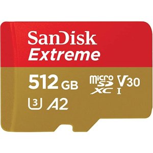 SanDiskExtreme microSDXC, SQXA1 512GB, V30, U3, C10, A2, UHS-I, 160MB/s R, 90MB/s W, 4x6, SD Adaptor, Lifetime Limited, Red/Black (SDSQXA1-512G-GN6)