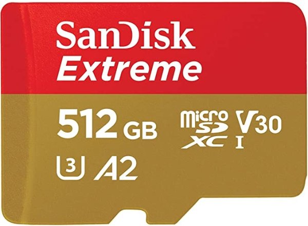 Extreme microSDXC, SQXA1 512GB, V30, U3, C10, A2, UHS-I, 160MB/s R, 90MB/s W, 4x6, SD Adaptor, Lifetime Limited, Red/Black (SDSQXA1-512G-GN6)