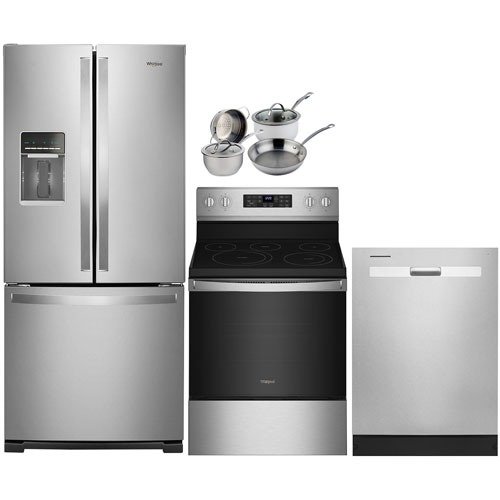 Whirlpool 30" 法式门冰箱+电炉灶空气炸锅烤箱+洗碗机套装