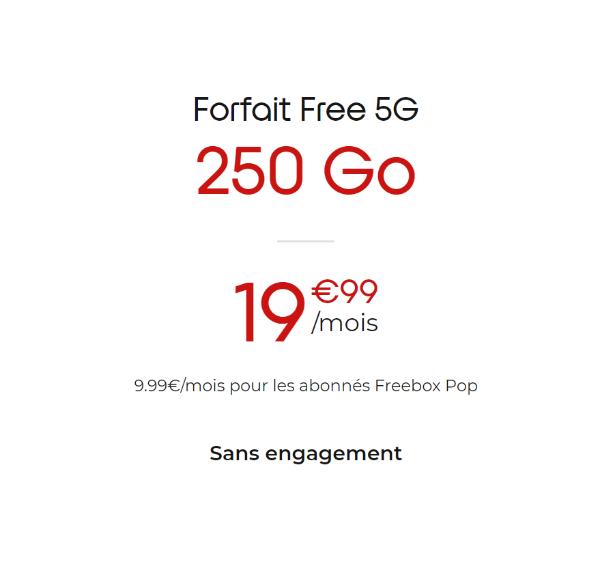 Forfait Free€19.99 5G套餐 250G