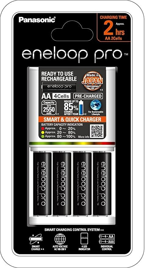 AA & AAA Eneloop Quick Battery Charger with 4 x AA Eneloop Pro Rechargeable Batteries Included, White (K-KJ55HCC4TA)