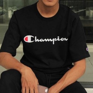 史低价：Champion 经典男士黑色logo短袖T恤特卖