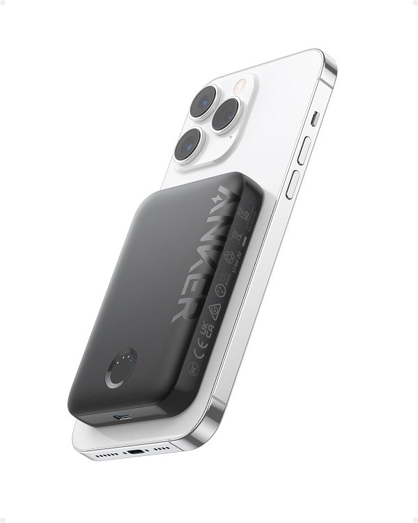 Magnetic Battery 5,000 mAh超薄充电宝 适用iPhone 15/15 Plus/15 Pro/15 Pro Max, iPhone 14/13/12 Series (Black)