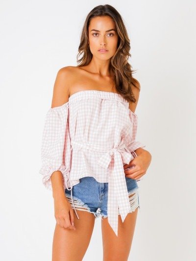 Neve Off The Shoulder Top in Pink Gingham Print