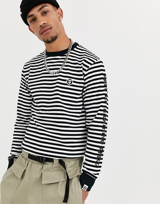 AAPE By A Bathing Ape One Point striped long sleeve top in black & white | ASOS