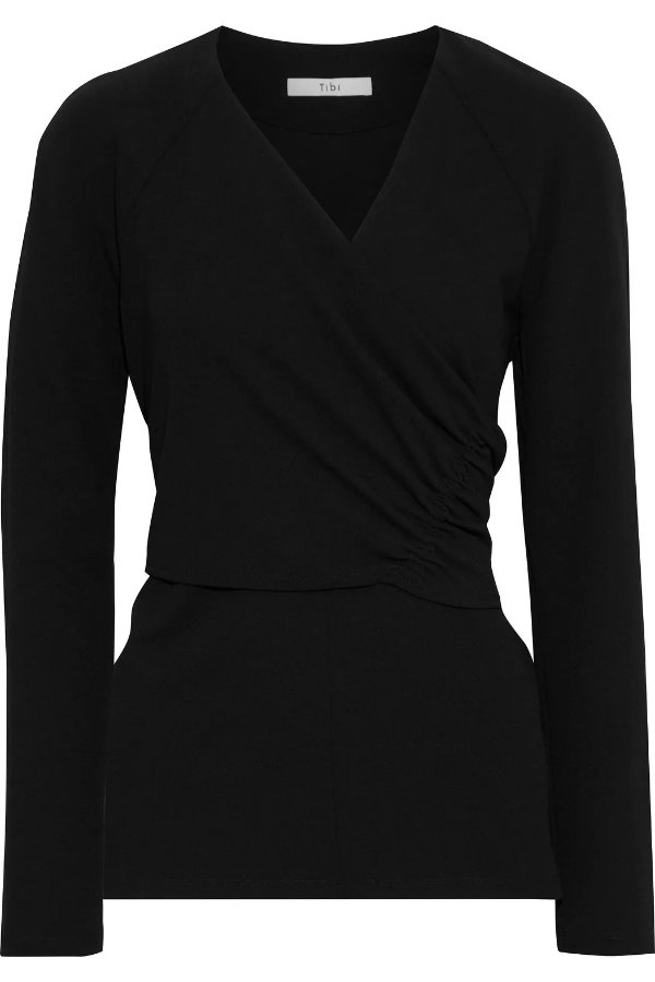 Wrap-effect ruched stretch-crepe top