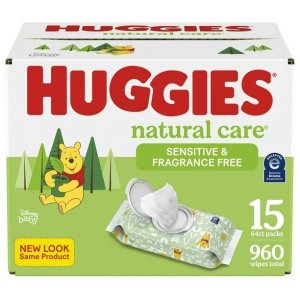 Huggies满$150享85折Natural Care 敏感婴儿湿巾，无味，15 片翻盖装，960 片湿巾
