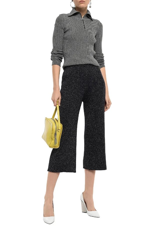 Cropped metallic ribbed-knit wide-leg pants