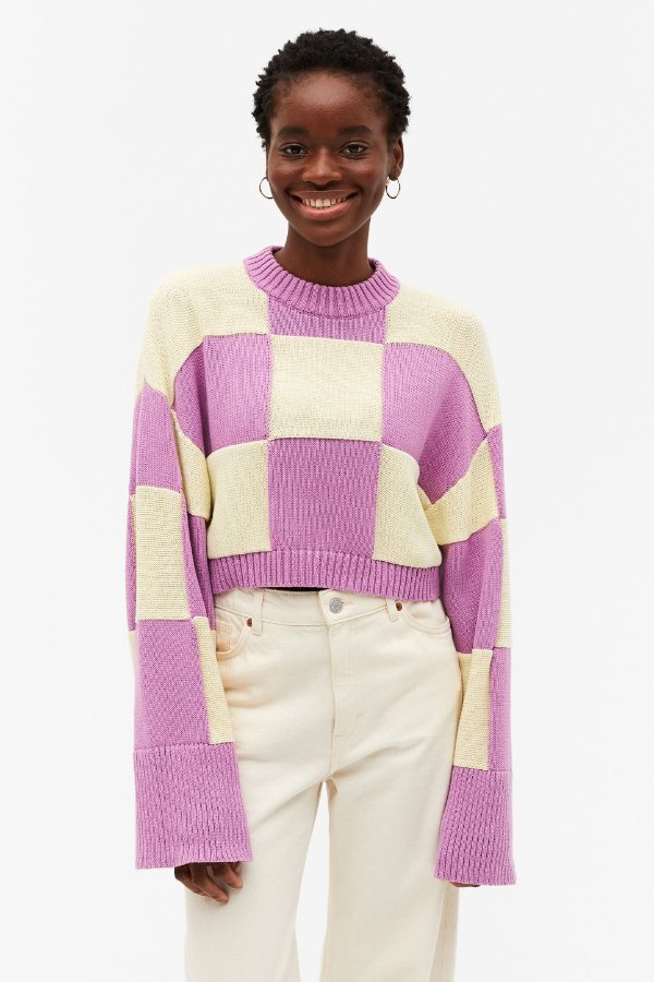 紫色棋盘格毛衣