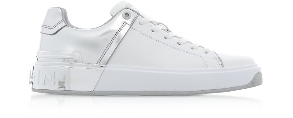 Balmain White & Silver Leather Lace up Women's Sneakers