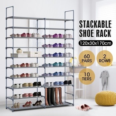 New 60 Pairs 10 Tiers Metal Shoe Rack Stackable Shelf Storage Organizer W/ 2 Rows 170cm Height
