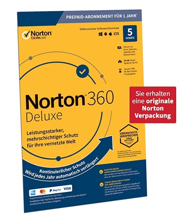 Norton 360 Deluxe 2020, 5-Gerate, 1-Jahres-Abonnement mit Automatischer Verlangerung, Secure V辟恩 und Passwort-Manager, PC/Mac/Android/iOS, FFP, Download