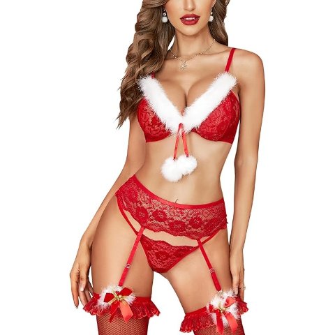 Lingerie de Noel Sexy pour Femmes Ensemble 3 Pieces Babydoll Pere Noel en Dentelle avec Ceinture Suspendue