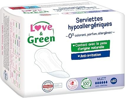 Love & Green Serviettes hygieniques, ecologiques et hypoallergeniques - certifiees Ecolabel et Dermatest - "NUIT" x 10 : Sans colorant, parfum, allergenes (pack of 1)