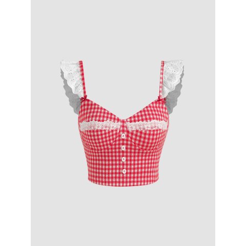格纹蕾丝上衣