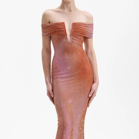 渐变一字肩细闪裙