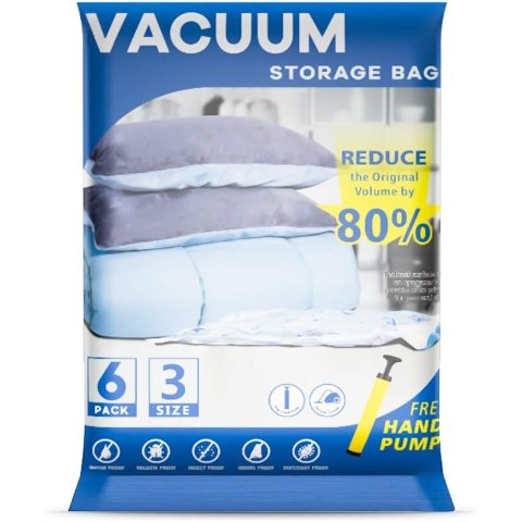 真空储物袋，6 件装（2 个特大号、2 个大号、2 个中号）