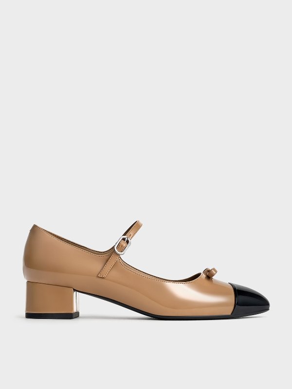 Patent Bow Cap-Toe Mary Jane Pumps - Caramel