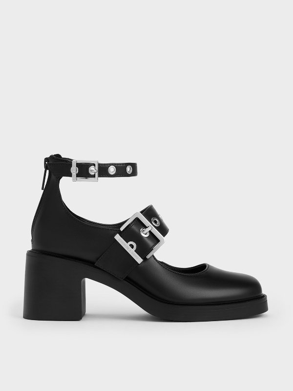 Grommet-Strap Mary Jane Pumps - Black