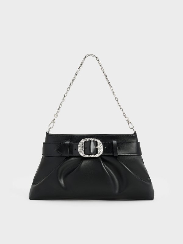 Avis Belted Ruched Shoulder Bag - Noir