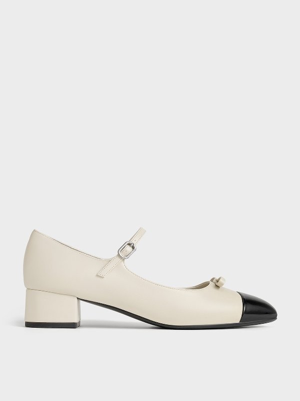 Bow Cap-Toe Mary Jane Pumps - Chalk