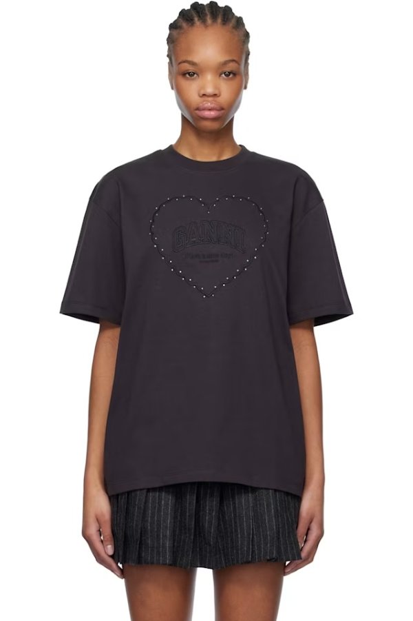 黑色 Heavy Cotton Drop Shoulder Heart T 恤
